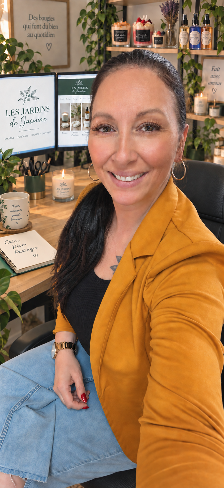 Sonia Dufour dans l’atelier-bureau des Jardins de Jasmine, avec ses chandelles et ses parfums d’ambiance